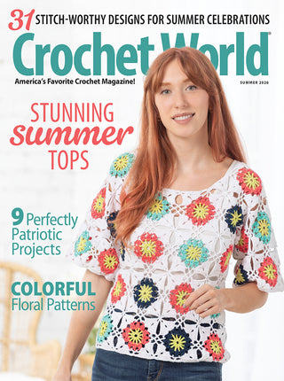 Cover of Crochet World Magazine Summer 2026 featuring a woman wearing a white crocheted top with colorful floral motifs, with text highlighting summer tops, patriotic projects, and floral patterns.