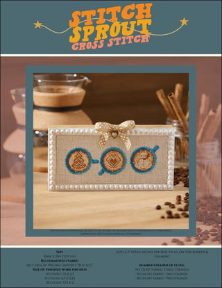Cross stitch pattern with coffee-themed design on a wooden surface, featuring 'Stitch Sprout' branding.