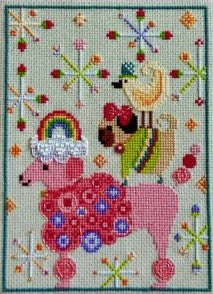 Colorful cross-stitch design featuring a stacked trio of whimsical animals — a pink poodle, a small dog in a green sweater with a red bow, and a cheerful yellow bird — surrounded by playful decorative motifs.