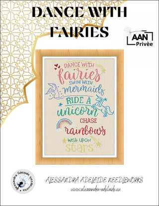 Cross-stitch design with whimsical text reading “Dance with fairies, swim with mermaids, ride a unicorn, chase rainbows, wish upon stars,” accented with fairies, mermaids, a unicorn, rainbow, and stars in soft pastel colors.