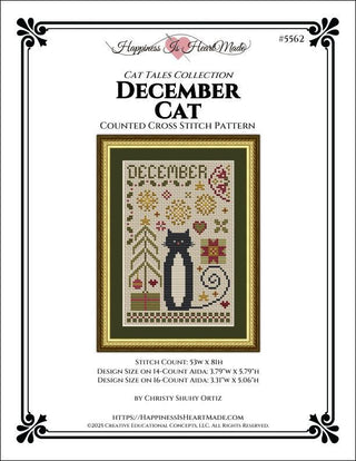 Cross stitch pattern featuring a tall black cat with a curled tail surrounded by snowflakes, ornaments, gifts, hearts, and a small Christmas tree. ‘December’ is stitched across the top in a sampler style with festive colors of gold, green, and red.