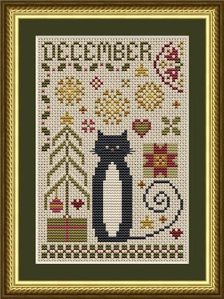 Cross stitch pattern featuring a tall black cat with a curled tail surrounded by snowflakes, ornaments, gifts, hearts, and a small Christmas tree. ‘December’ is stitched across the top in a sampler style with festive colors of gold, green, and red.