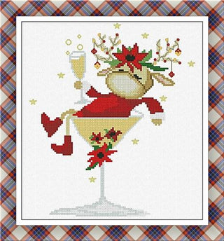 Cross-stitched design of a Christmas-themed cocktail with poinsettias and a plaid border.