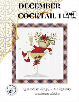 Cross-stitch pattern for a December cocktail design with a reindeer in a glass, surrounded by festive elements.
