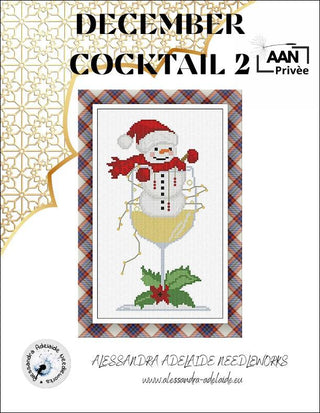 Cross-stitch pattern for a snowman in a cocktail glass with holly, framed by decorative elements and text.