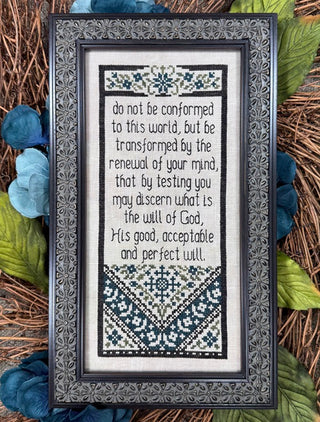 Cross stitch pattern by My Big Toe Designs featuring Romans 12:2 with elegant lettering and blue geometric sampler borders.