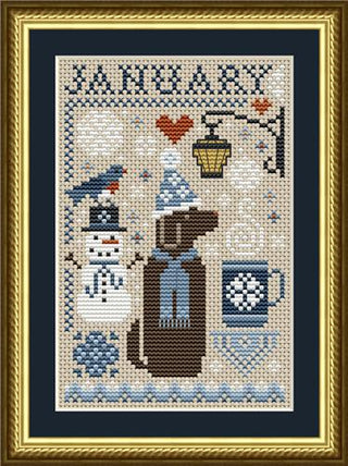 Cross-stitched design with a dog, snowman, and winter elements on a navy background