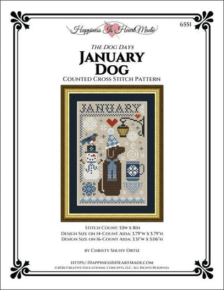 Cross stitch pattern book cover for 'The Dog Days January Dog' with a framed design and decorative border.
