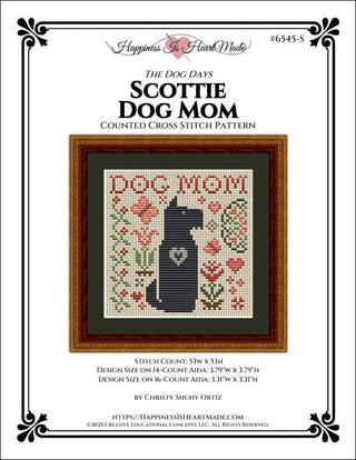 Cross stitch pattern for 'Scottie Dog Mom' with decorative border and text.