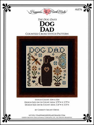 Cross stitch pattern for 'Dog Dad' with a dog illustration and text on a white background.