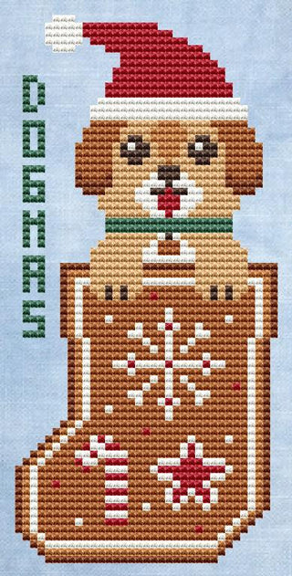 Dogmas Christmas Sock cross stitch pattern featuring a gingerbread-style dog wearing a Santa hat, with candy cane and star holiday motifs.