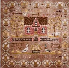 Cross stitch design with a house, trees, and animals design on a brown background