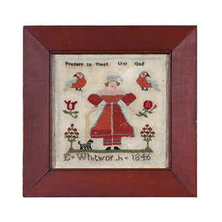 Antique-style cross stitch sampler with woman in red dress, parrots, and dog, surrounded by trees and florals on off-white fabric.