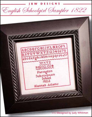 A cross stitch pattern featuring the English Schoolgirl Sampler 1822 design, with red text and decorative elements on a white background, model stitched on fabric and framed.