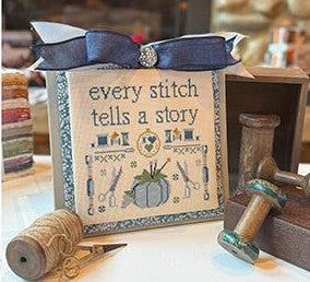 Cross stitch design featuring the phrase “Every Stitch Tells a Story” with blue florals, spools, and stitching motifs by Anabella’s.