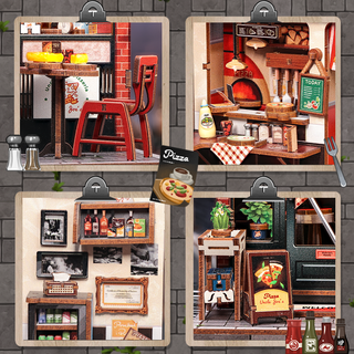 Uncle Joe's Pizzeria Dollhouse Kit - Miniature Wizardi Roombox Kit with LED Light F07M51-92-CWGC210
