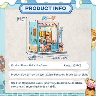 Bella's Ice Cream Dollhouse Kit - Miniature Wizardi Roombox Kit with LED Light F07M51-93-CWGC212