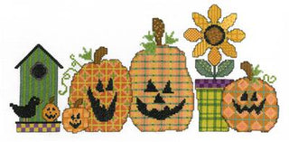 Decorative design with pumpkins, a sunflower, and a birdhouse on a white background