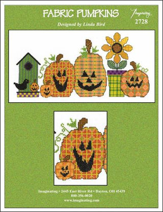 Fabric Pumpkins cross-stitch pattern with pumpkins, sunflower, and birdhouse on a green background.