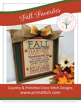 Decorative cross-stitch pattern cover with autumn theme and 'Fall Favorites' text.
