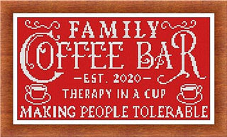 Decorative sign with 'Family Coffee Bar' text on a red background