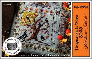 Cross-stitched piece with tree and birds design, Summer House Stitch Works branding, and 'Fragments in Time' edition text.