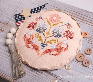Floral design on a wooden surface with buttons and stars.