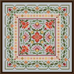 Cross-stitched pattern with butterflies and flowers on a white background