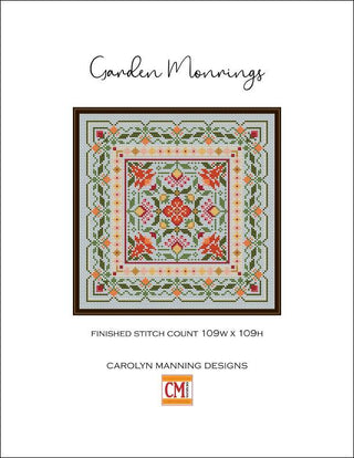 Cross-stitch pattern cover with floral design and 'Garden Mornings' text on a white background