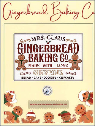 Cross stitch design featuring the text “Mrs. Claus Gingerbread Baking Co. Made with Love Christmas,” flanked by two gingerbread men with icing details, plus festive holly, berries, and a list of baked goods on a warm holiday palette.