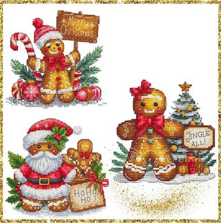 Cross-stitched gingerbread characters with Christmas-themed elements on a white background.