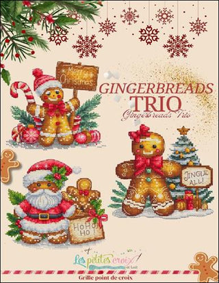 Cross-stitch pattern with gingerbread-themed characters and festive elements on a beige background.