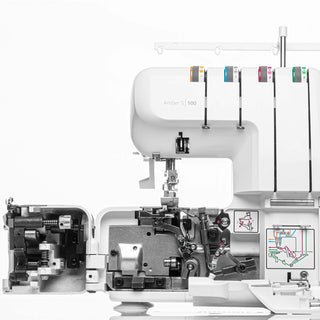 Serger machine with a clear side panel on a white background