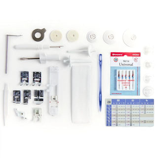 Sewing machine accessories including needles, presser feet, and a needle chart on a white background.