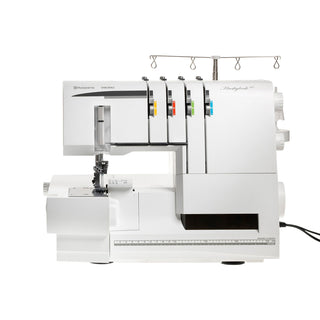 White overlock sewing machine with multiple threading systems on a white background