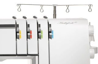 Husqvarna sewing machine with multiple needles on a white background