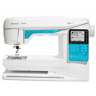 White sewing machine with digital display on a white background