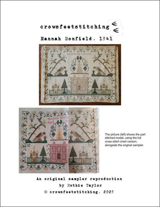 Sampler reproduction with cross-stitch chart and original sample, attributed to Hannah Bonfield 1841.