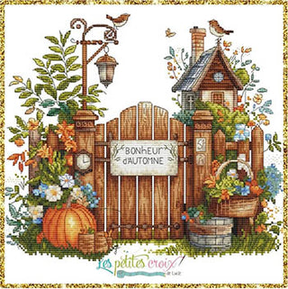 Garden gate with Autumn theme with pumpkins, baskets of flowers and birds.