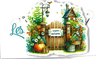 Decorative magnet with a garden scene, pumpkins, and a sign saying 'Happy Autumn' on a white background.