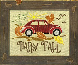 Cross-stitch design of a red plaid vintage car surrounded by pumpkins, autumn leaves, and a stylized sun, with “Happy Fall” stitched beneath — Stoney Creek Collection.