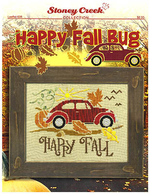Cross-stitch design of a red plaid vintage car surrounded by pumpkins, autumn leaves, and a stylized sun, with “Happy Fall” stitched beneath — Stoney Creek Collection.