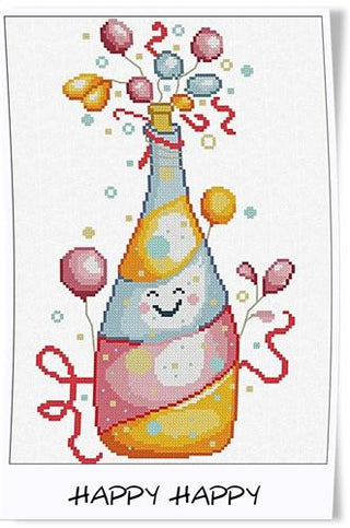 Cross-stitched design of a champagne bottle with balloons and the text 'Happy Happy'.