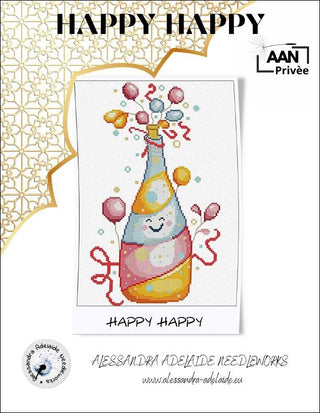 Cross-stitch pattern with a smiling bottle and balloons on a white background, featuring the brand 'Alessandra Adelaide Needleworks'.