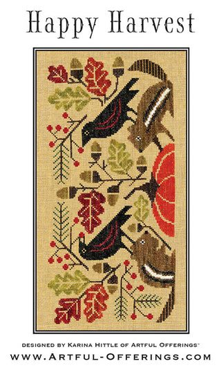 Happy Harvest cross stitch pattern cover by Artful Offerings featuring two blackbirds and two chipmunks surrounding a bright orange pumpkin, acorns, oak leaves, evergreen branches and red berries in rich autumn colors.