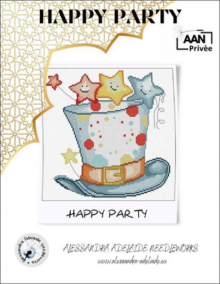 Cross-stitch pattern book cover with a colorful hat and stars design, featuring the brand 'Alessandra Adelaide Needleworks'.