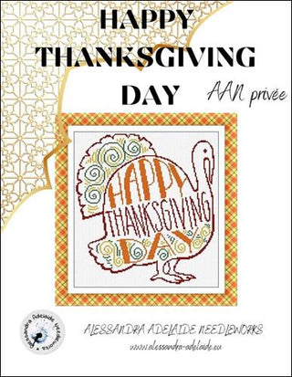 Happy Thanksgiving Day pattern with a stylized turkey design on a white background.