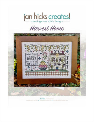 Cross stitch design book titled 'Harvest Home' by Jan Hicks Creates on a white background.