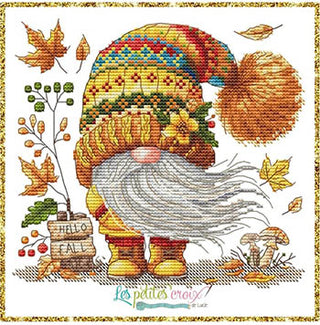 Gnome with sock hat, blowing leaves and fall theme with a little sign in the corner with the greeting, "HELLO FALL".