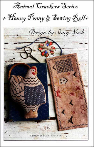 Cross-stitch pattern for 'Henny Penny & Sewing Roll' with decorative elements on a wooden background.